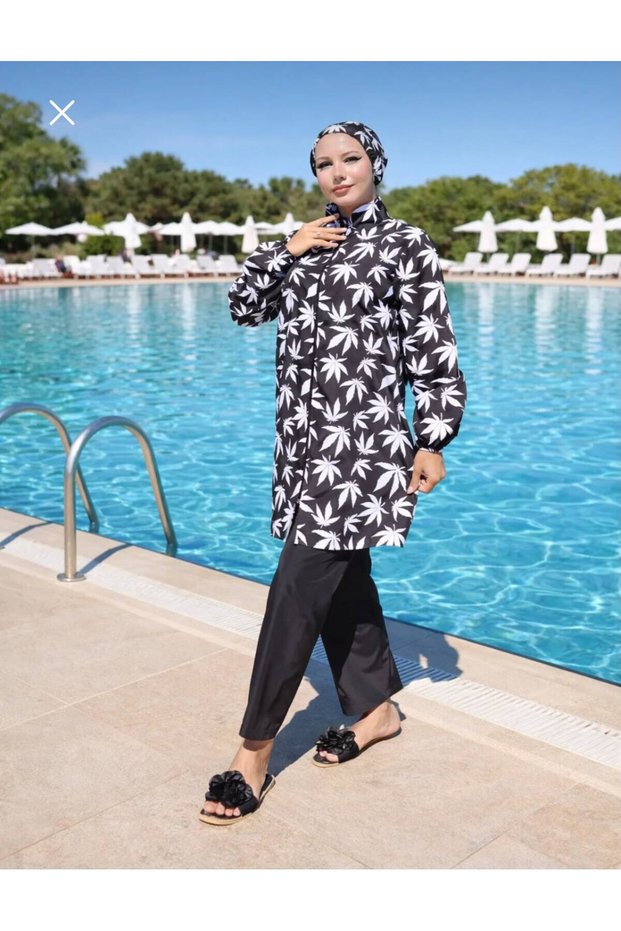 Zippered, Digitally Printed, Lace-Up Waist Hijab Swimsuit - with a Hat as a Gift - White