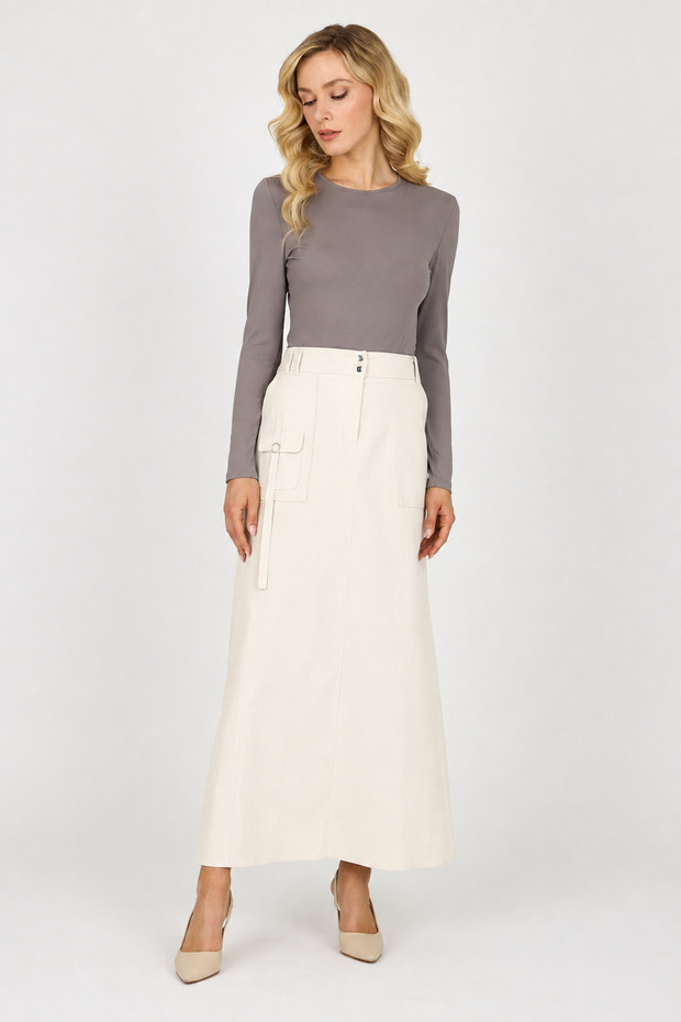 Pocket Detail Front Zipper A-Line Maxi Long Skirt