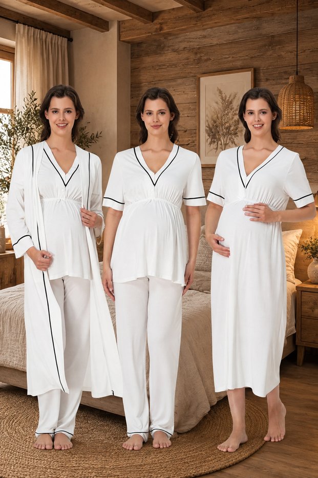 4-Piece Maternity Set with Piping Detail and Easy Breastfeeding Feature, Made of Cotton