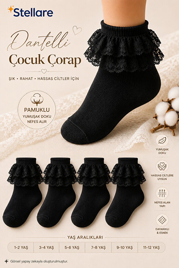 Girl's soft lace trimmed ankle socks 4-pair pack – comfortable seamless toe socks