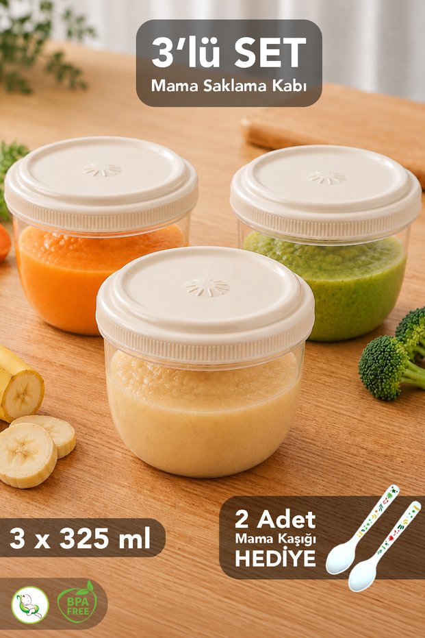 3-Piece Food Storage Set - Baby Milk Container Suitable for Microwave and Freezer, 325ml, with Food Spoon as a Gift