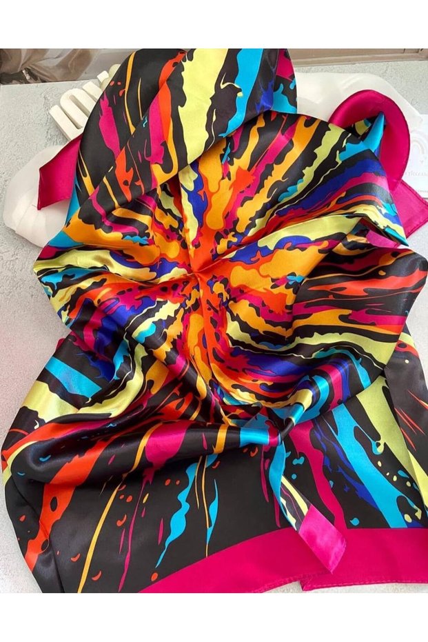 Women's 90X90 cm Black Multicolor Abstract Patterned Satin Scarf