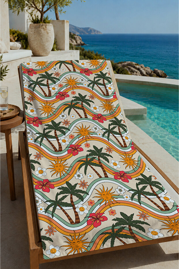 Cream Orange Green Palm Patterned 70X150 Beach Towel - Digital Printed Bath Towel