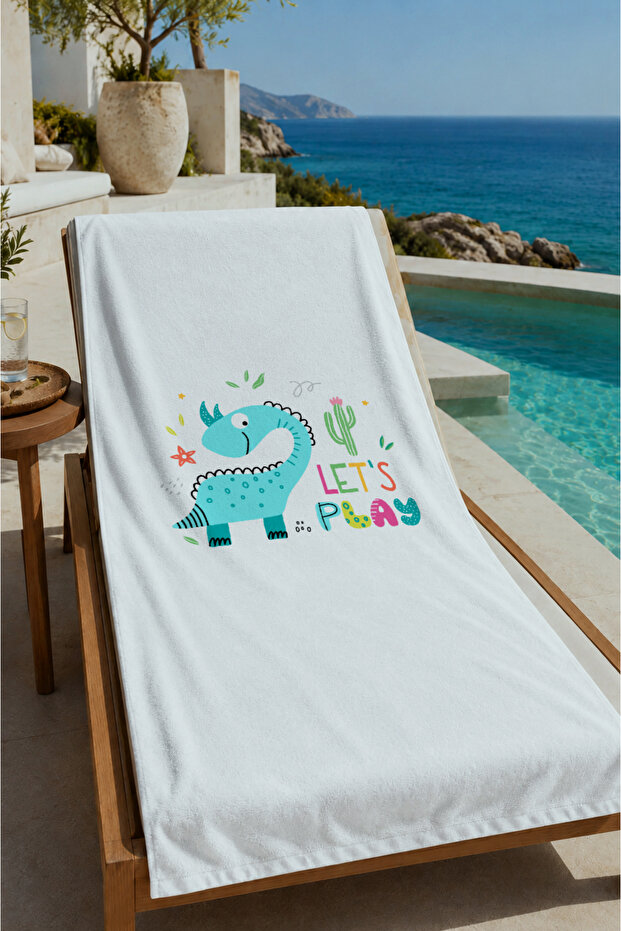 White Summer Themed 70X150 Beach Towel with Cute Animal Figures - Cotton Bath Towel