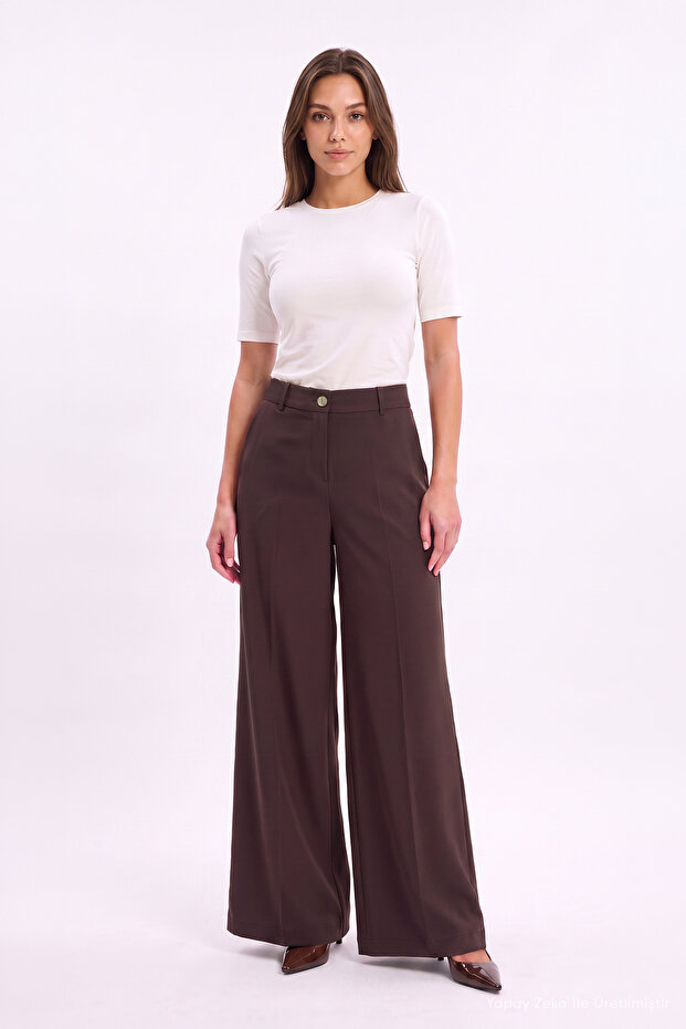 High Waisted Wide Leg Brown Trousers 0289