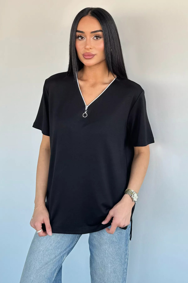 Black V-Neck Zipper T-Shirt