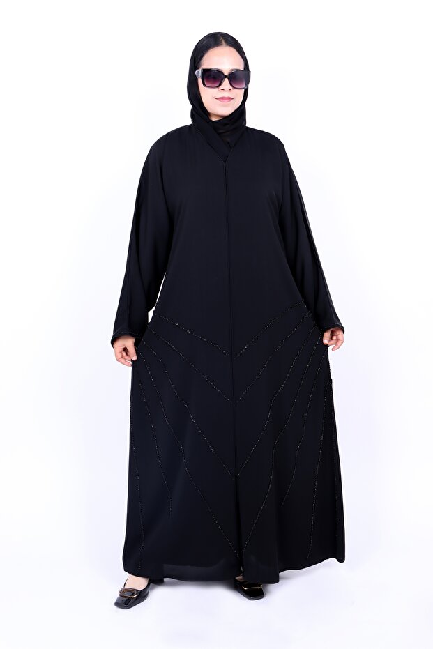 Elegant Black Beaded Line Abaya with Matching Hijab