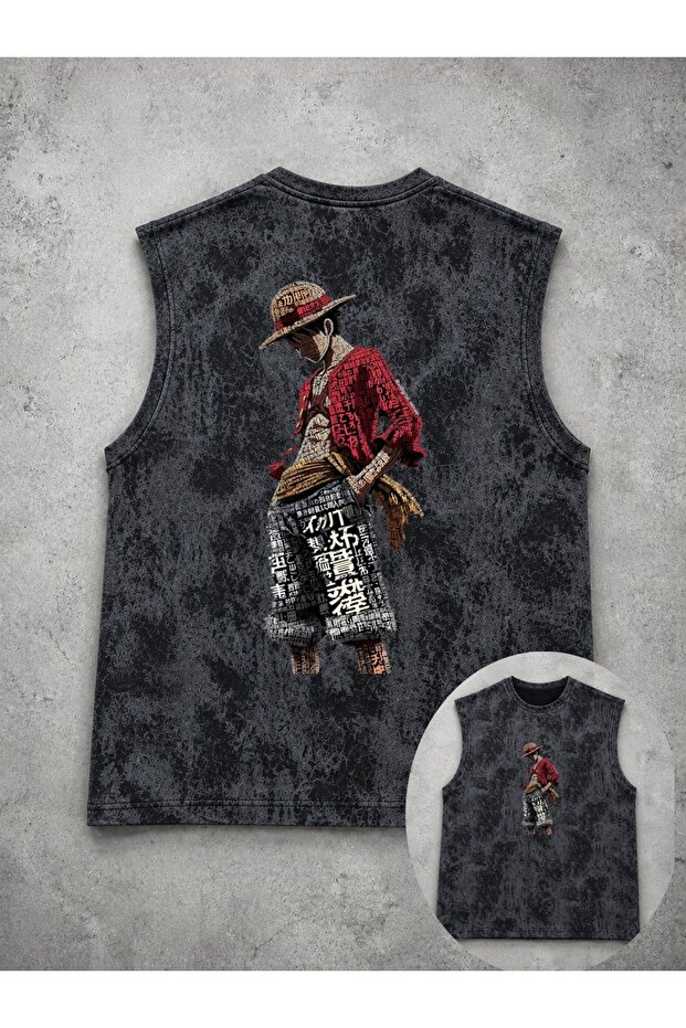 Unisex Black Washed Sleeveless Tank Top with Visual Print on the Back