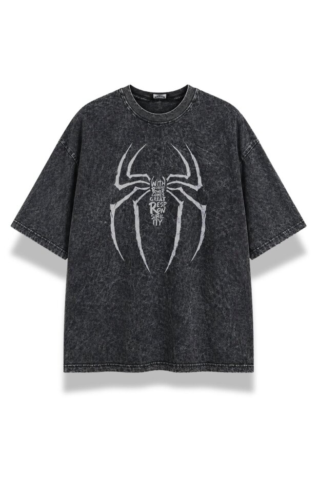 Unisex Oversize Written Spider Printed Washable Spider T-Shirt