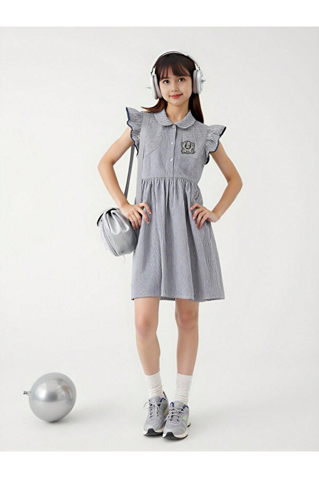 Girls Striped A-Line Dress with Ruffle Sleeves