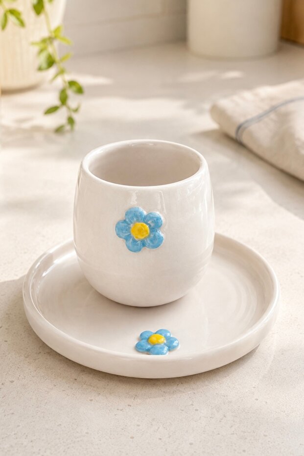 Handmade Ceramic Forget-Me-Not Flower Decorated Handleless Cup Set 150 ml |   Double Turkish Coffee Cup and Saucer