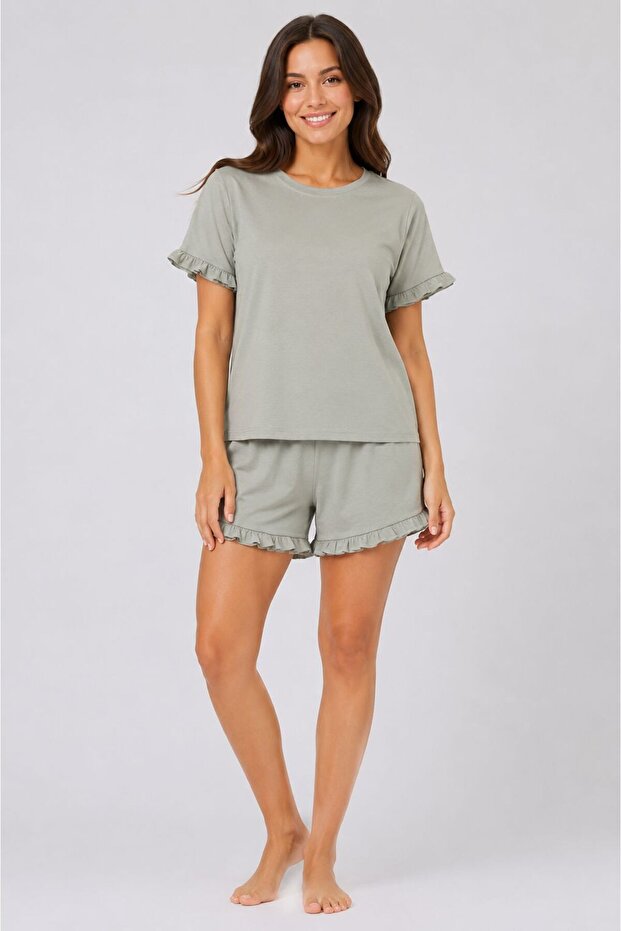 Women's Shorts Pajama Set Plain Pattern Ruffle Detailed Short Sleeve Comfortable Summer 2-Piece Home Wear Set
