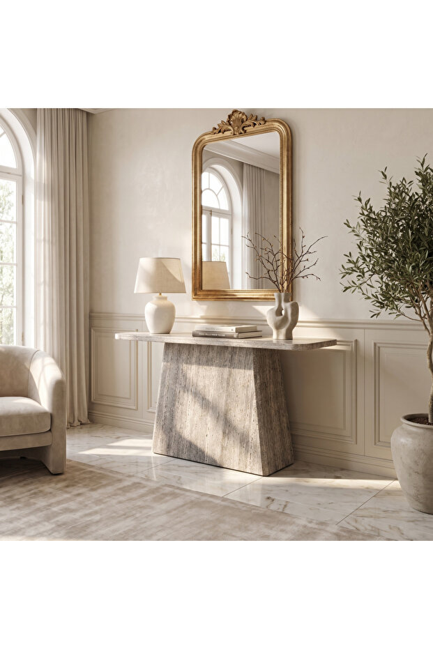 Modern Console Table with Faux Marble Top and Metal Design – Light Gray