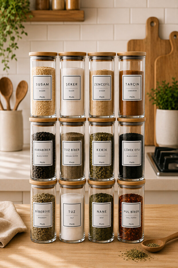 Mira – Set of 12 Glass Spice Jars with Bamboo Lids – 290 ml – with Spoon Gift