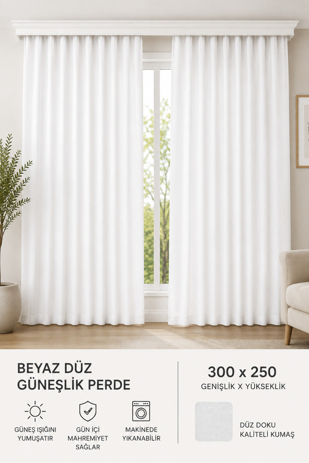 Plain Thick Sunshade Curtain Satin White – Curtain Ready for Cornice 350X250 cm