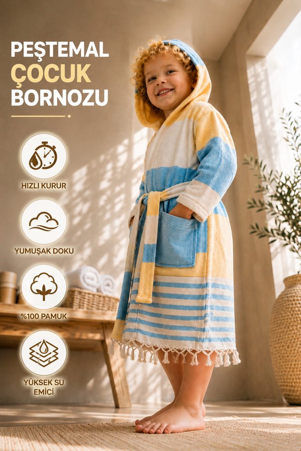 Peshtemal Children's Bathrobe 2-3 Years Old 100% Cotton Hooded Unisex Quick Drying High Water Absorbent