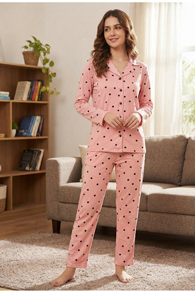 Women's Dot Patterned Front Buttoned Shirt Collared 100% Cotton Milan Pajama Set