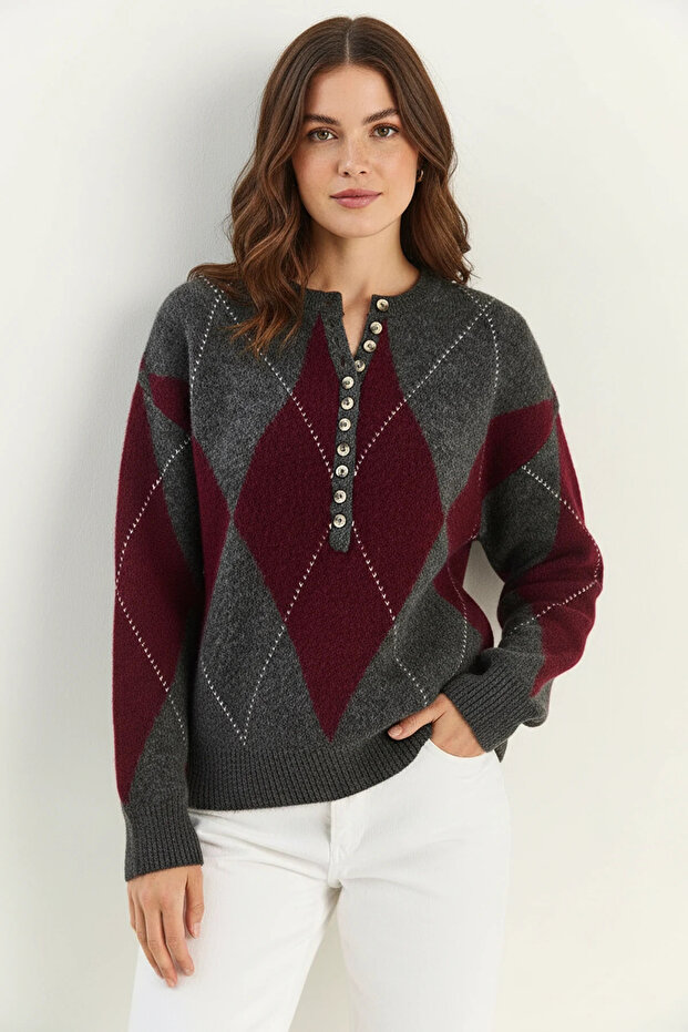 Women's Buttoned Diamond Patterned Basic Knitwear Anthracite Claret Red Sweater
