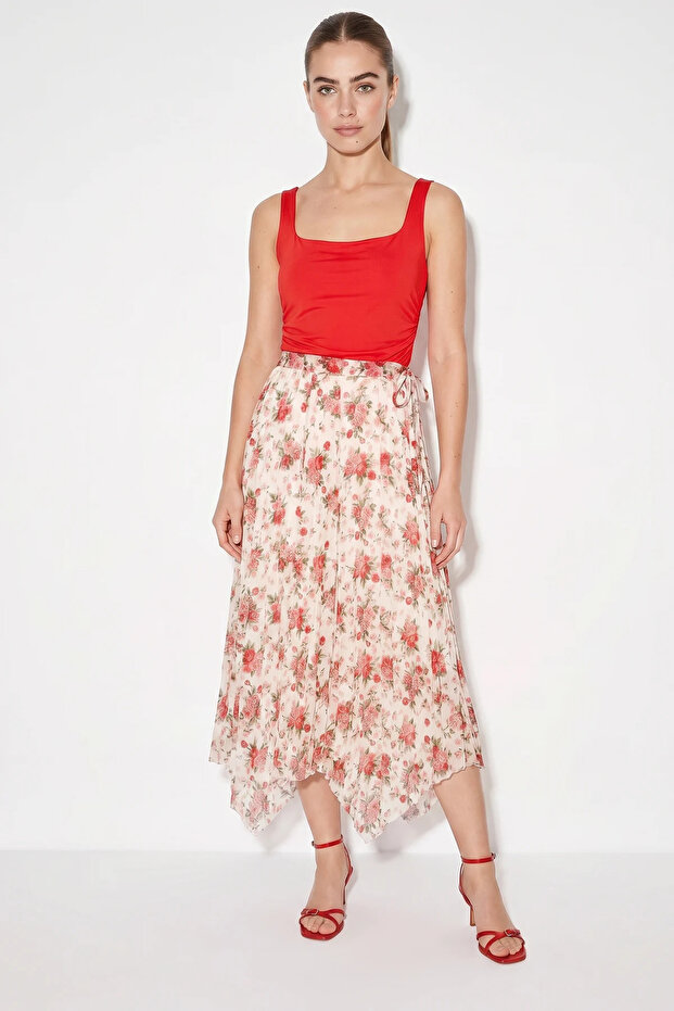 Women's Lined Elastic Waist Floral Patterned Asymmetrical Cut Crush Effect Chiffon Skirt De Red