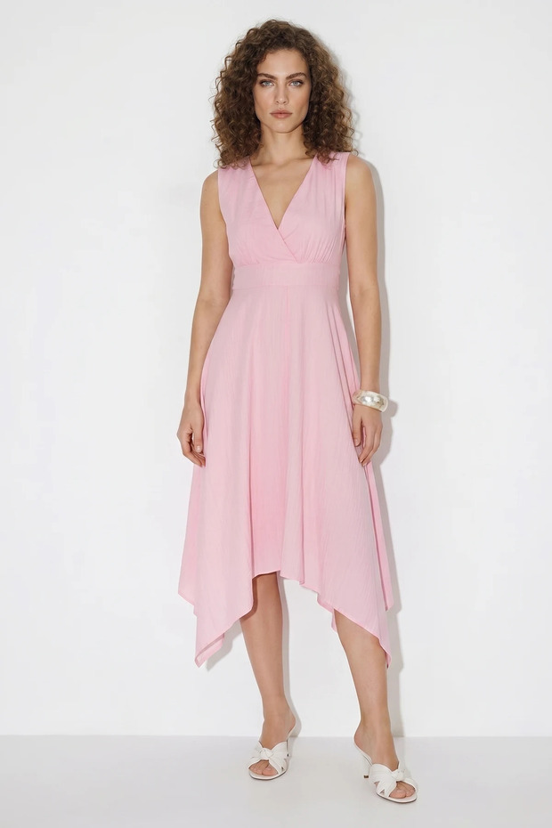 Women's Lined Double-Breasted Collar Asymmetrical Cut Midi Pink Dress