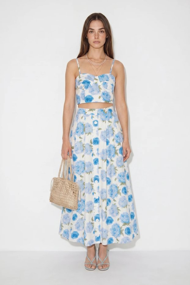 Women's Floral Patterned Crop Blouse Button Detailed Midi Ecru Blue Skirt Set