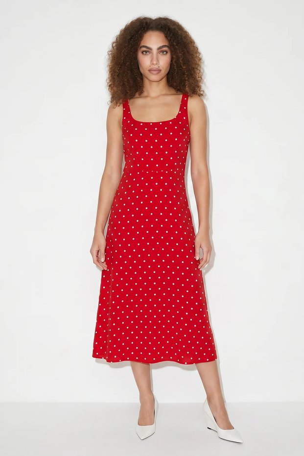 Women's Polka Dot Viscose Midi Red and White Dress with Back Tie Detail