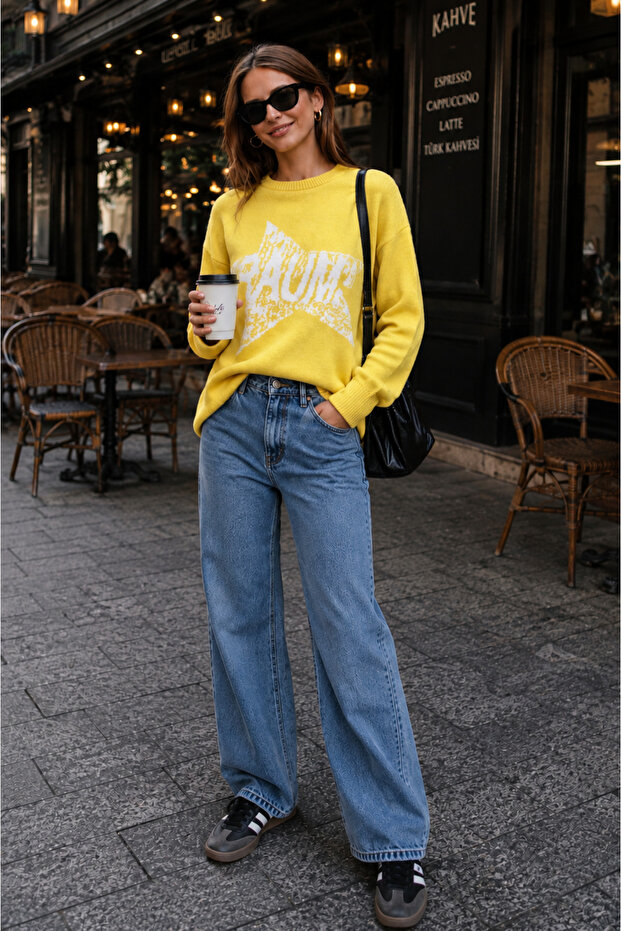 Unisex Star Patterned Oversize Crew Neck Knit Sweater