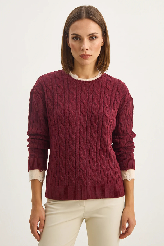 Women's Crew Neck Hair Braid Patterned Ribbed Cuff Detailed Knitwear Cherry Sweater