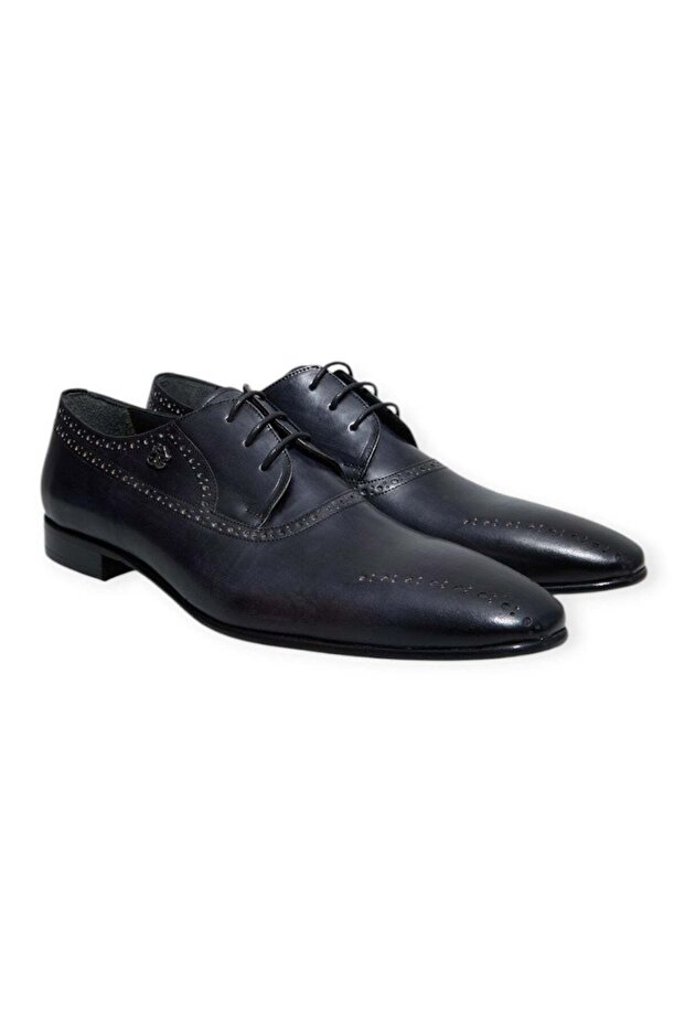 Dark Blue Color Lace-Up Genuine Leather Men's Shoes