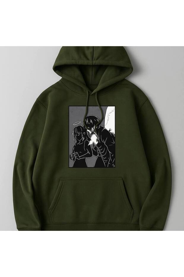 Unisex Oversize 3 Thread Threaded Kangaroo Pocket "Anime Couple" Printed Hooded Sweatshirt