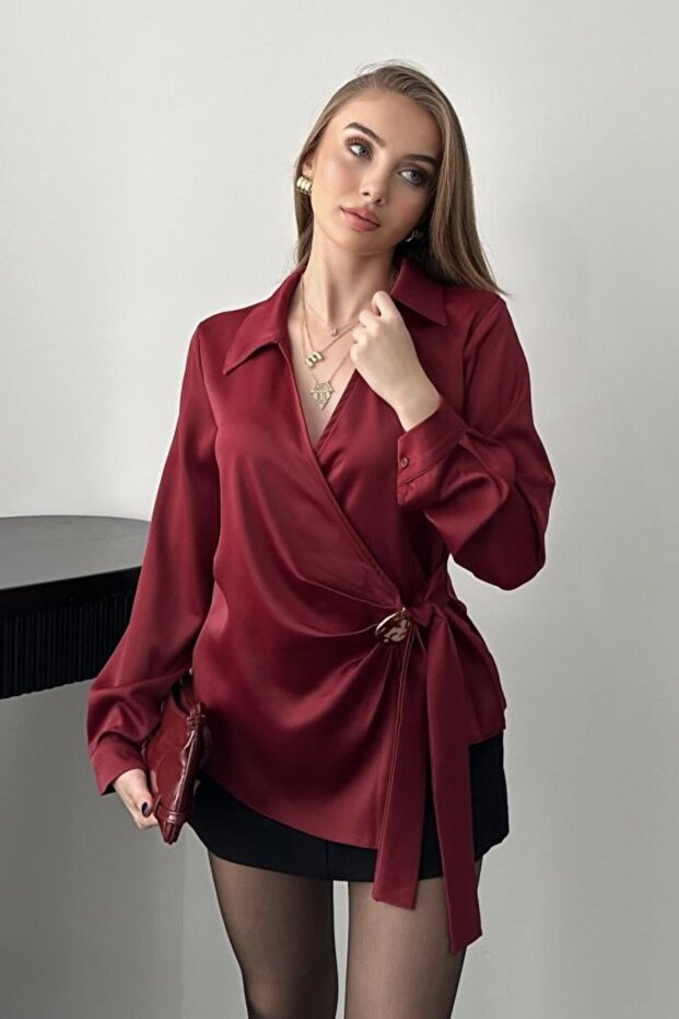Burgundy Gold Accessory Detailed Satin Blouse