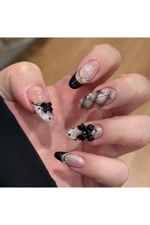 Style 1 24Pcs Y2K Style False Nails Press On Nails Gothic Black-Bow Almond Cat Eye Wearable Full Cov