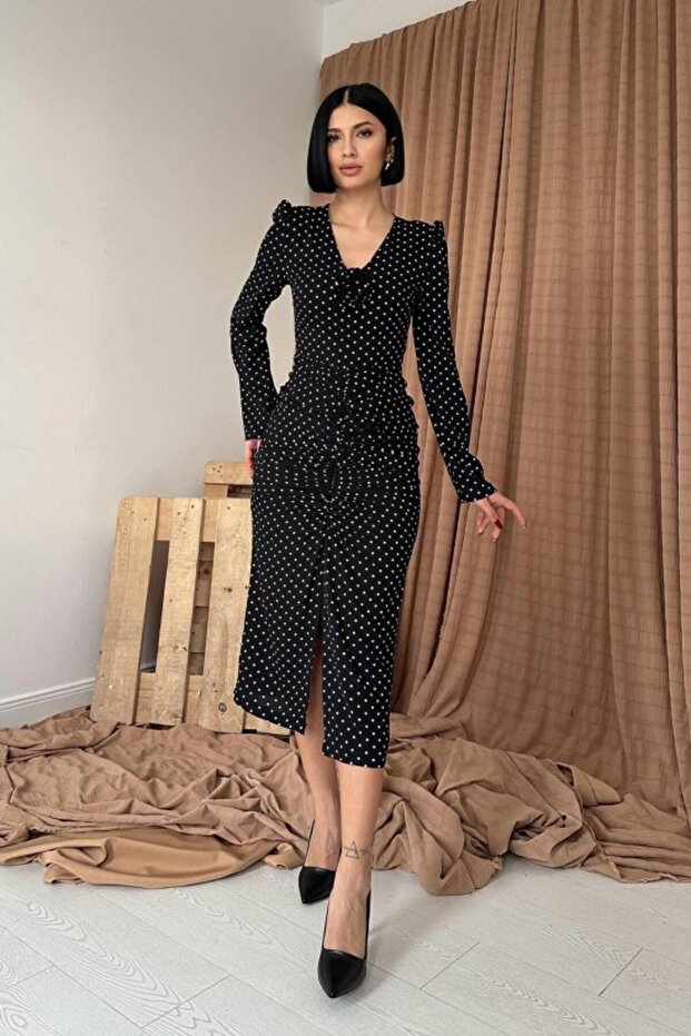 Black Polka Dot V-Neck Rose Dress