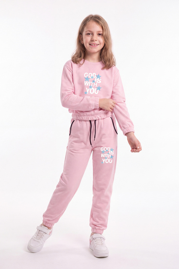 Girl's Crew Neck Short Cut Printed Double Pocket Tracksuit Set