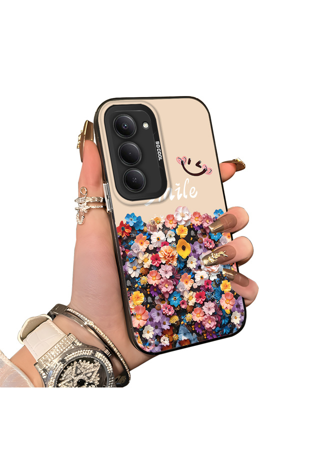 Redmi 15 5g Compatible Silicone Edge Hard Back Case Couple Phone Case with Floral Pattern