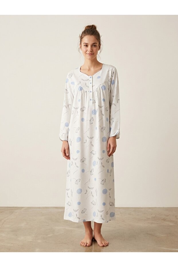 Long Sleeve Carnation Patterned 100% Cotton Plus Size Women's Nightgown