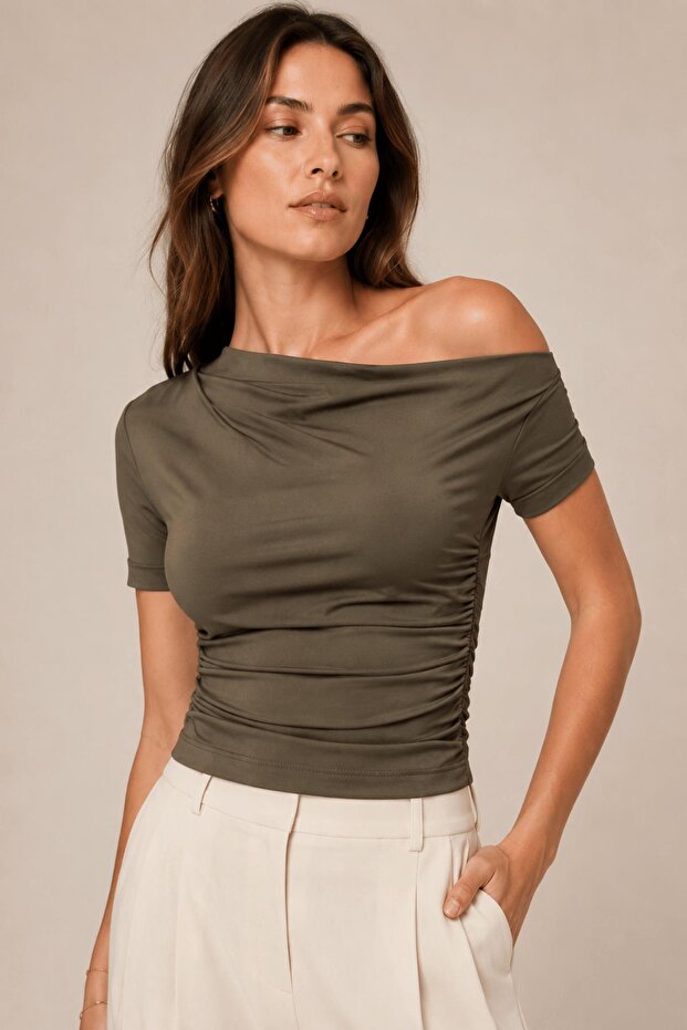 Asymmetrical Collar Draped Blouse