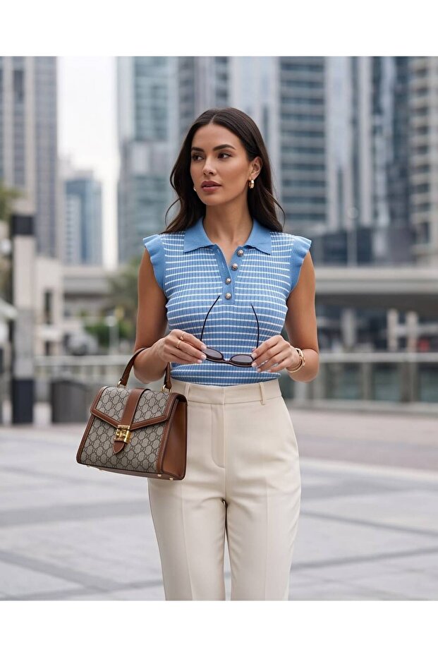 Women's Striped Polo Collar Buttoned Sleeveless Knitwear Blouse