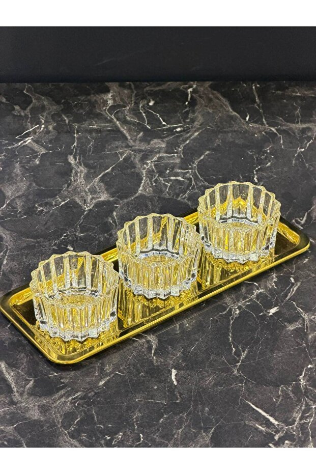 Gold Belizza 3-Piece Glass Bowl Set with Tray, Breakfast, Snack, and Sauce Serving Dishes with Baton Tray, 4 Pieces