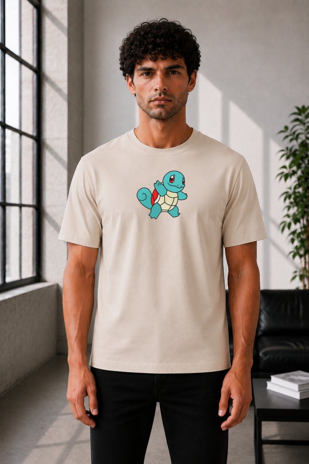 Unisex Oversize Embroidered Wartortle Design 100% Cotton T-Shirt
