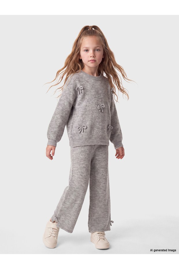 Gray Bow Detailed Girls' Knitwear Set