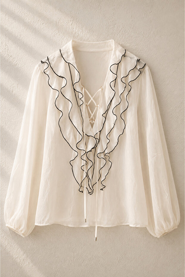 Piping and Ruffle Blouse Ecru
