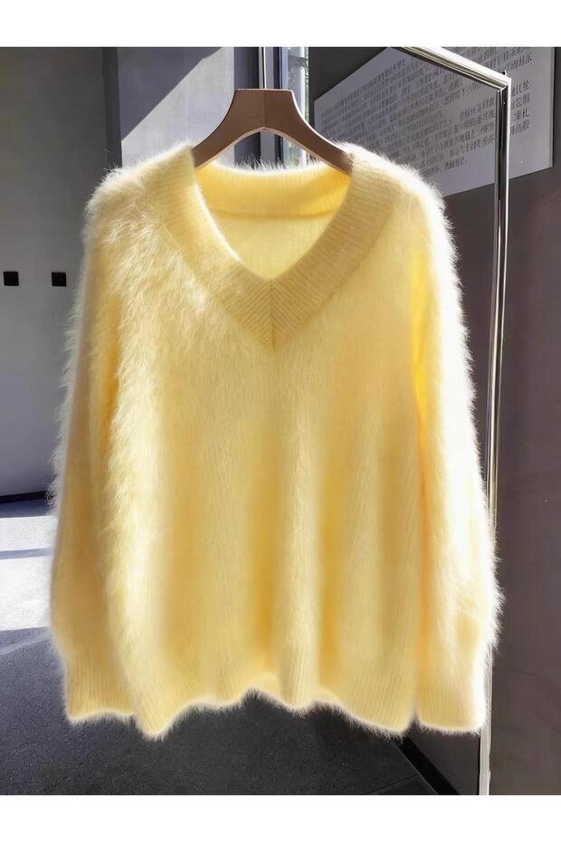Women's Oversize Plush Soft Furry V-Neck Basic Knitwear Sweater