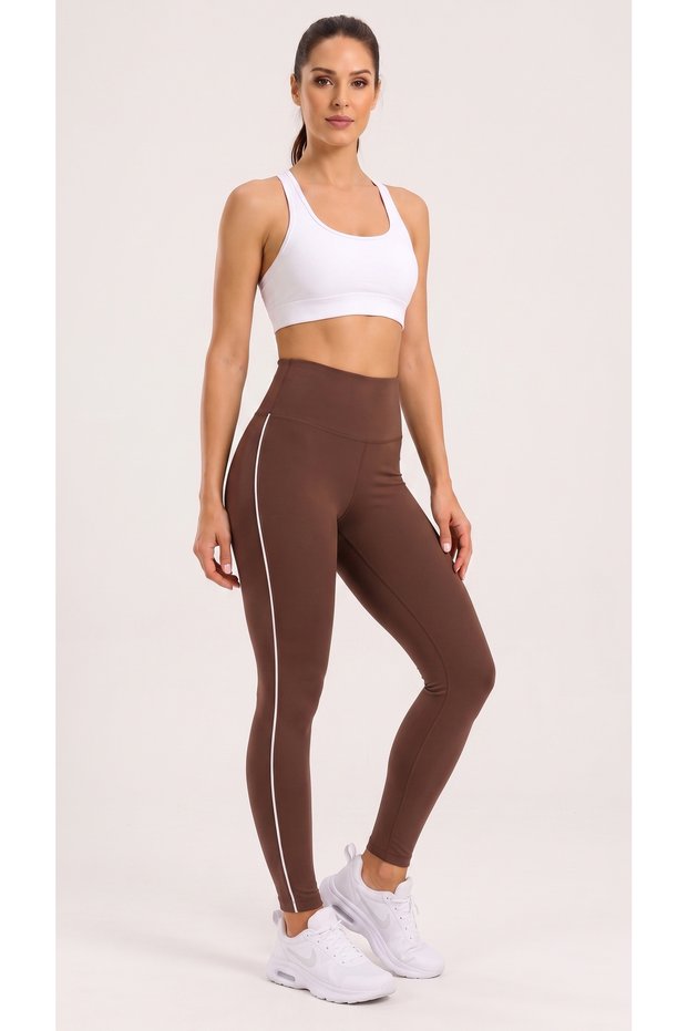 Women's High Waist Gathering Sports Leggings with Side Stripe Detail – Stretchy Long Fitness Leggings
