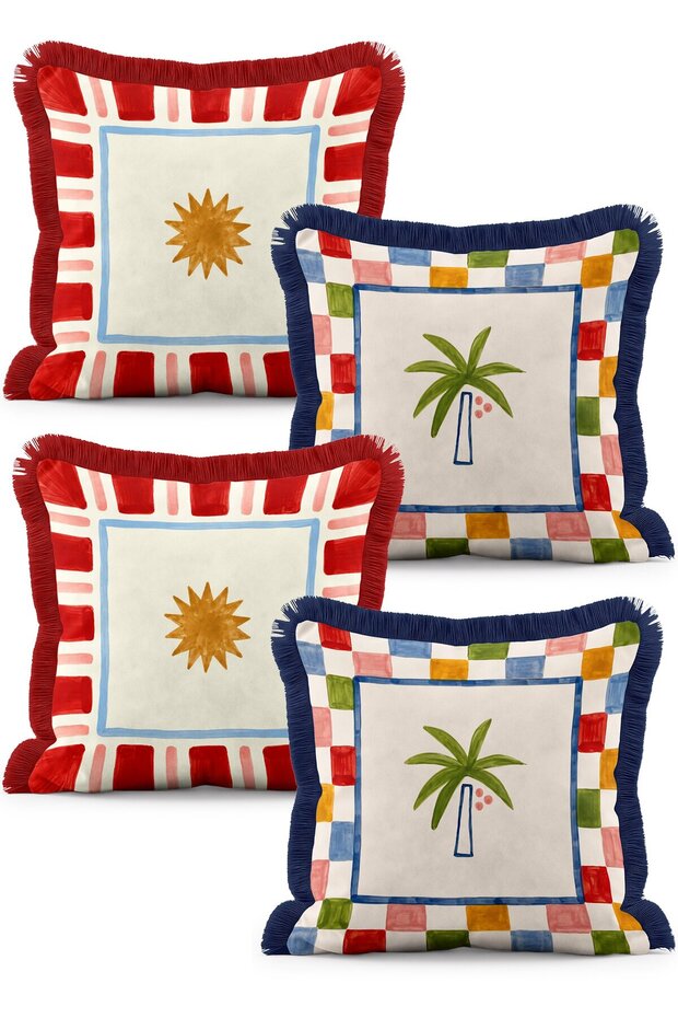 Palm Tree and Sun Patterned Gingham Framed 4-Piece Fringed Cushion Cover Set