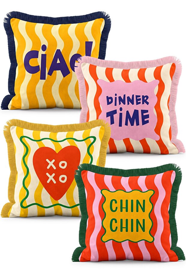 Retro Text and Heart Figured Wavy Striped 4-Piece Fringed Throw Pillow Cover Set