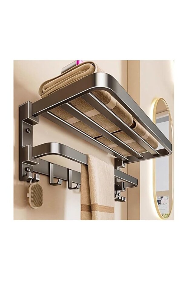 Foldable 2-Tier Towel Rack with Hooks, Gunmetal Gray Wall Mounted Bathroom Towel Shelf with Towel Bar, Multi-Function Bath Organizer (40cm)
