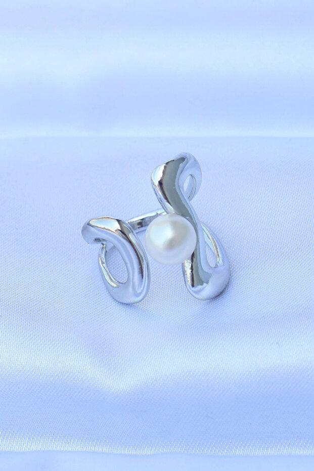 Brass Silver Color Adjustable Ring with Pearl and Stone