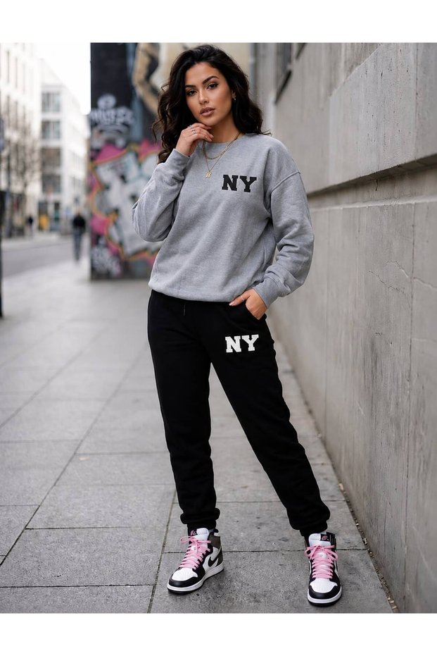 Zero Collar Sweatshirt 2-Piece Combination with Winterized Shardon Printed Writing and Ny Print for Women/Men Unisex Model