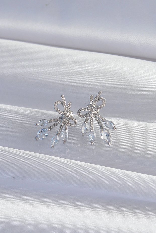 Brass Silver Color Zircon Stone Bow Earrings